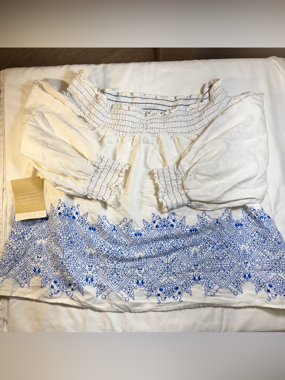 Caligraphie White Smocked Top with Navy Stripe